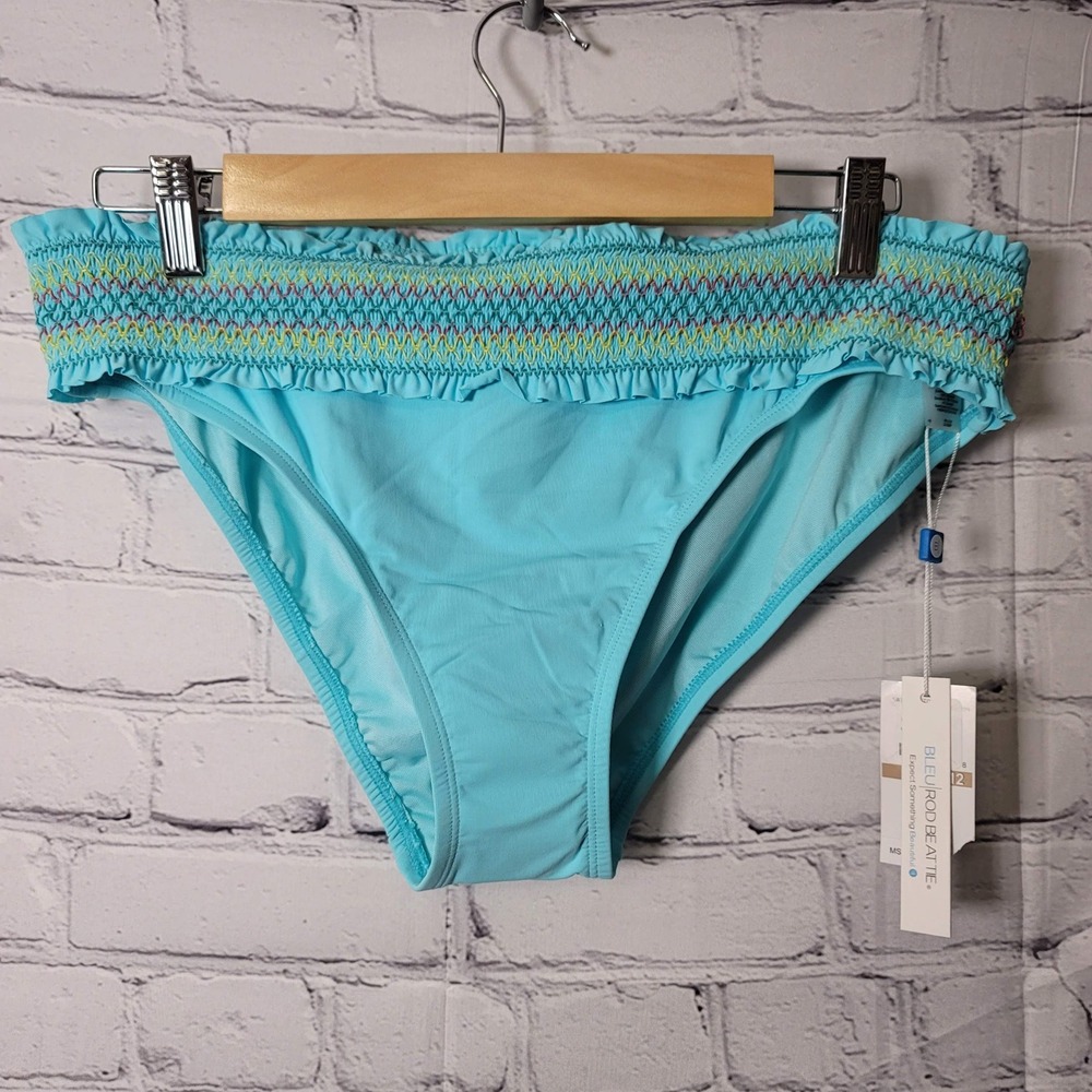 Bleu Rod‎ Beattie Turquoise Smocked Ruffle Bikini Bottom Swimwear Blue Womens 12